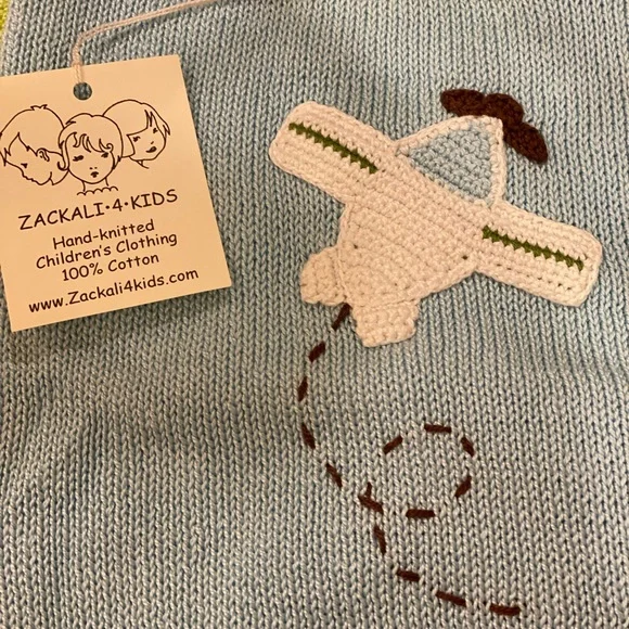 NWT *Zackali 4 Kids* AIRPLANE Top & Shorts Set: Hand-Knitted 100% Cotton … 18M - Picture 2 of 3